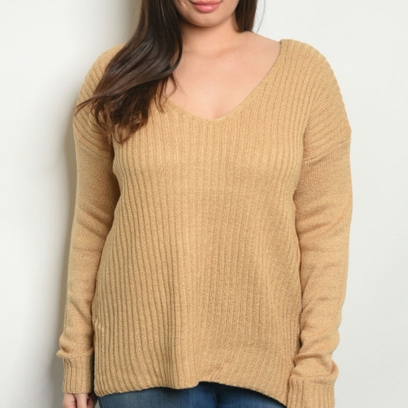 LONG SLEEVE V-NECK FLUFFY BEIGE PLUS SIZE SWEATER - Picture 1 of 2